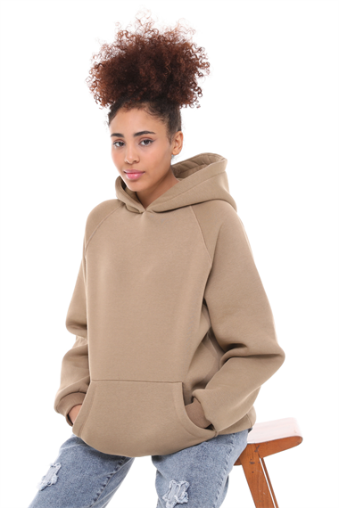 Kadın Kapüşonlu Kanguru Cepli Nakış Baskı Detaylı Uzun Kol Oversize Cappuccion Sweatshirt