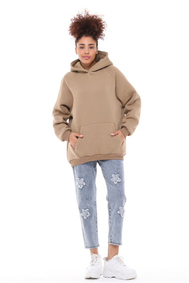 Kadın Kapüşonlu Kanguru Cepli Nakış Baskı Detaylı Uzun Kol Oversize Cappuccion Sweatshirt