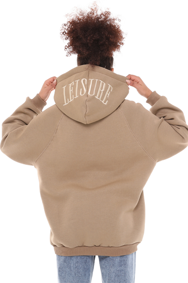 Kadın Kapüşonlu Kanguru Cepli Nakış Baskı Detaylı Uzun Kol Oversize Cappuccion Sweatshirt