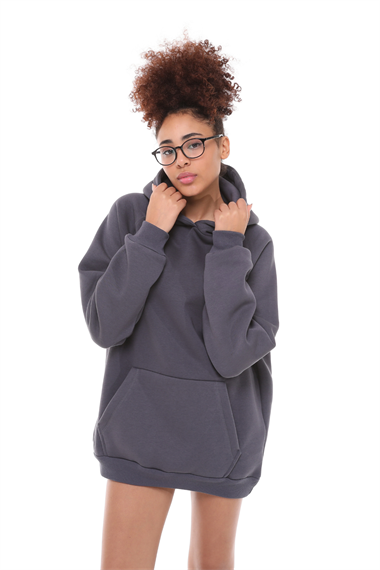 Kadın Kapüşonlu Kanguru Cepli Nakış Baskı Detaylı Uzun Kol Oversize Füme Sweatshirt