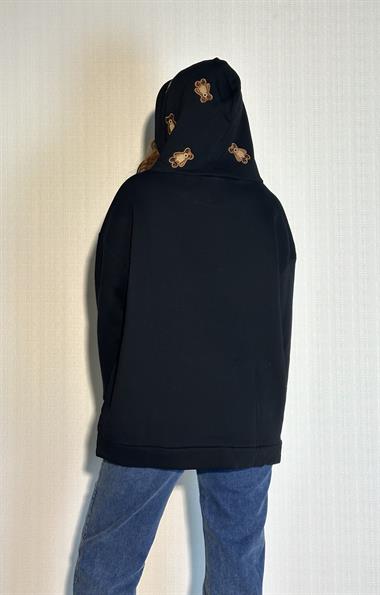 Kadın Kapüşonlu Kanguru Cepli Nakış Baskı Detaylı Uzun Kollu Oversize Sweatshirt 