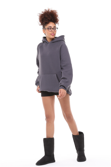 Kadın Kapüşonlu Kanguru Cepli Nakış Baskı Detaylı Uzun Kol Oversize Füme Sweatshirt