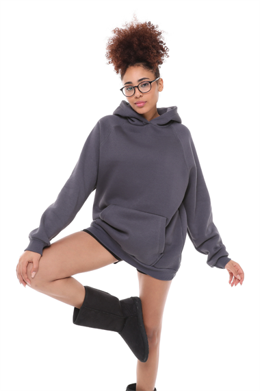 Kadın Kapüşonlu Kanguru Cepli Nakış Baskı Detaylı Uzun Kol Oversize Füme Sweatshirt