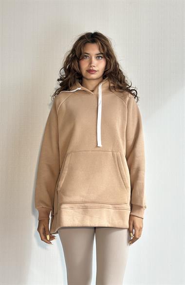 Kadın Kapüşonlu Kanguru Cepli Uzun Kol Düz Oversize Sweatshirt 