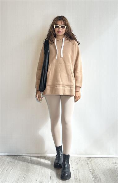 Kadın Kapüşonlu Kanguru Cepli Uzun Kol Düz Oversize Sweatshirt 