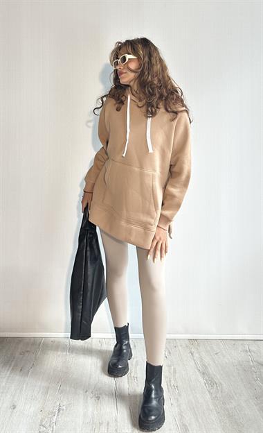 Kadın Kapüşonlu Kanguru Cepli Uzun Kol Düz Oversize Sweatshirt 