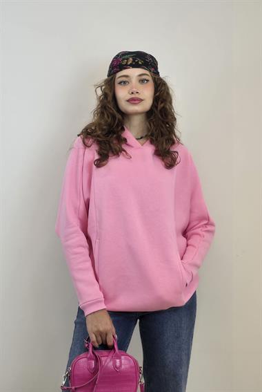 Kadın Kapüşonlu Kanguru Cepli Uzun Kol Oversize Pembe Sweatshirt