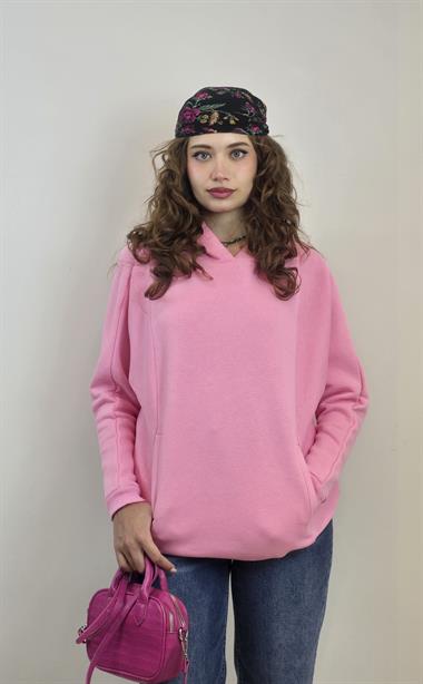 Kadın Kapüşonlu Kanguru Cepli Uzun Kol Oversize Pembe Sweatshirt