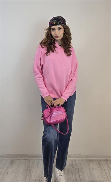 Kadın Kapüşonlu Kanguru Cepli Uzun Kol Oversize Pembe Sweatshirt