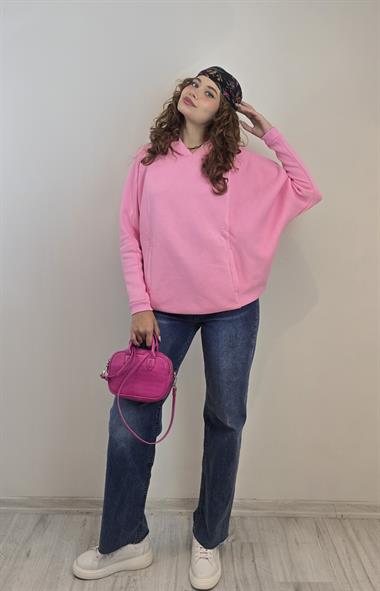 Kadın Kapüşonlu Kanguru Cepli Uzun Kol Oversize Pembe Sweatshirt