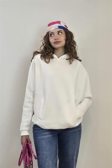 Kadın Kapüşonlu Kanguru Cepli Uzun Kol Oversize Beyaz Sweatshirt