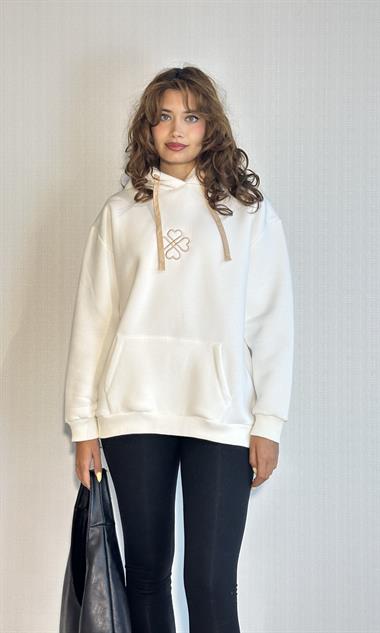 Kadın Kapüşonlu Nakış Baskı Detaylı Kanguru Cepli Uzun Kol Oversize Ekru Sweatshirt