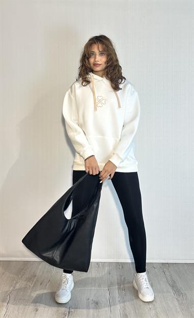 Kadın Kapüşonlu Nakış Baskı Detaylı Kanguru Cepli Uzun Kol Oversize Ekru Sweatshirt