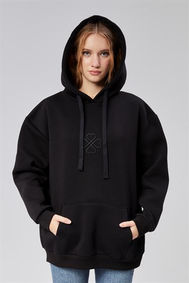 Kadın Kapüşonlu Nakış Baskı Detaylı Kanguru Cepli Uzun Kol Oversize Siyah Sweatshirt