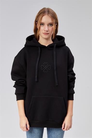 Kadın Kapüşonlu Nakış Baskı Detaylı Kanguru Cepli Uzun Kol Oversize Siyah Sweatshirt