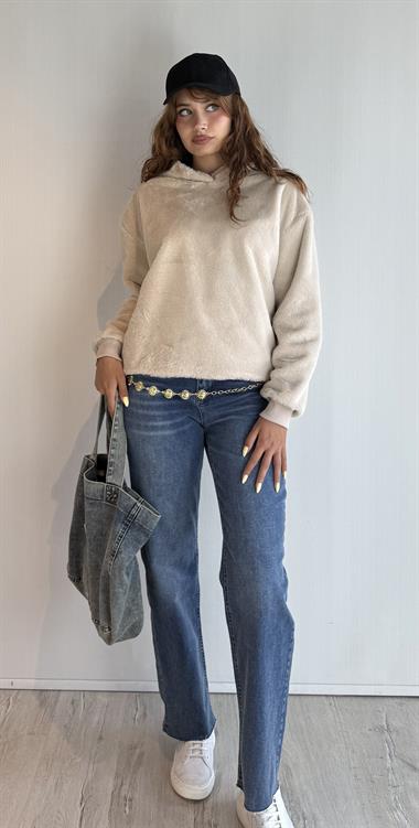 Kadın Kapüşonlu Oversize Bej Peluş Sweathirt