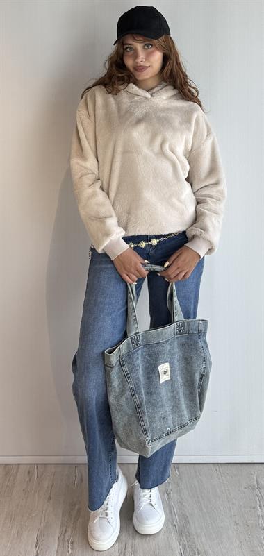 Kadın Kapüşonlu Oversize Bej Peluş Sweathirt