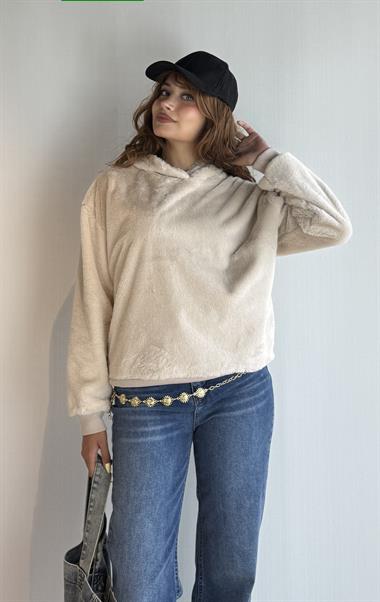 Kadın Kapüşonlu Oversize Bej Peluş Sweathirt