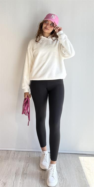 Kadın Kapüşonlu Oversize Ekru Peluş Sweathirt