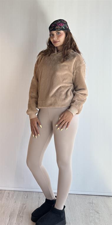 Kadın Kapüşonlu Oversize Kahverengi Peluş Sweathirt