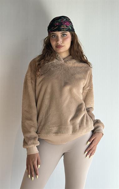 Kadın Kapüşonlu Oversize Kahverengi Peluş Sweathirt