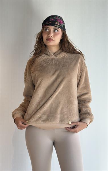 Kadın Kapüşonlu Oversize Kahverengi Peluş Sweathirt