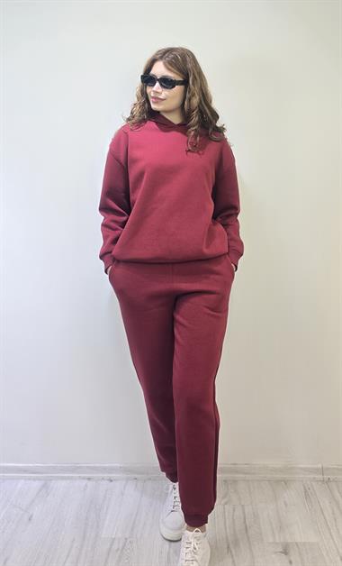 Kadın Kapüşonlu Uzun Kollu Oversize Bel Lastikli Bordo Eşofman Takım