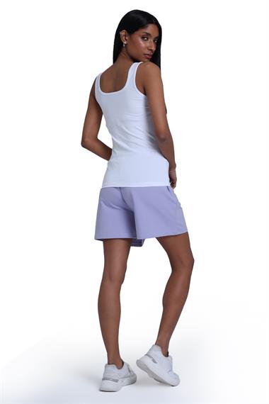 Kadın Kare Yaka Sıfır Kol Kalın Askılı Kalp Baskılı Beyaz-Lila Bluz 