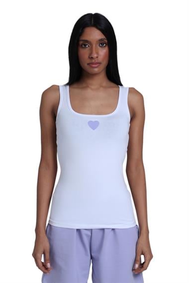 Kadın Kare Yaka Sıfır Kol Kalın Askılı Kalp Baskılı Beyaz-Lila Bluz 