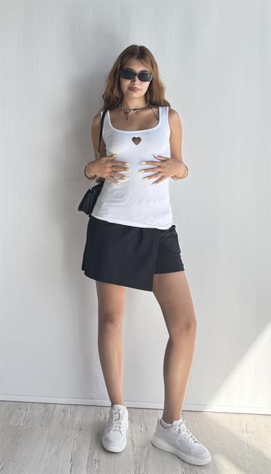 Kadın Kare Yaka Sıfır Kol Kalın Askılı Kalp Baskılı Beyaz-Gold Bluz 