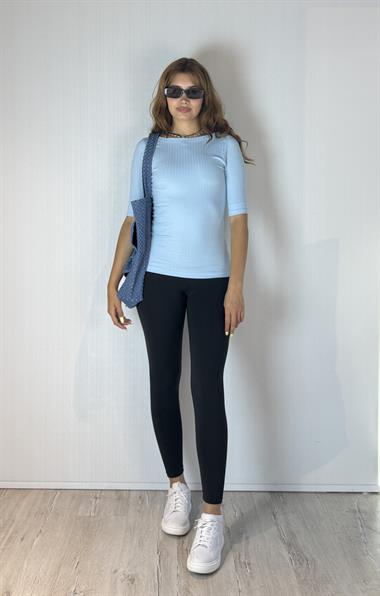 Kadın Kayık Yaka Yarım Kol Fitilli Mavi Bluz