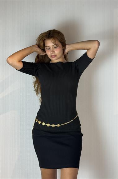 Kadın Kayık Yaka Yarım Kol Fitilli Siyah Bluz