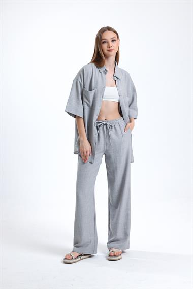Kadın Keten Kumaş Truvakar Kol Oversize Basic Gömlek Şort Gri İkili Takım