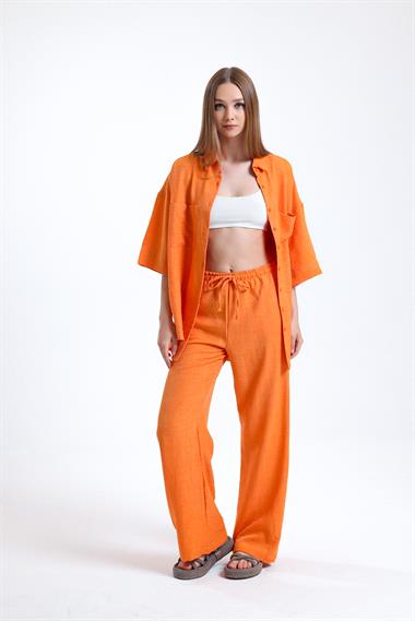 Kadın Keten Kumaş Truvakar Kol Oversize Basic Gömlek Şort Turuncu İkili Takım