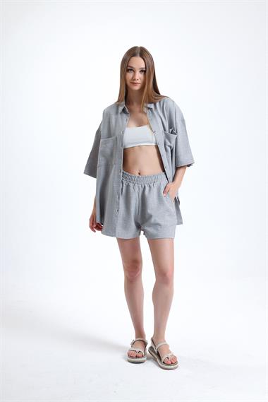Kadın Keten Kumaş Truvakar Kol Oversize Basic Gömlek Şort Gri İkili Takım