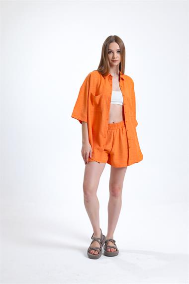 Kadın Keten Kumaş Truvakar Kol Oversize Basic Gömlek Şort Turuncu İkili Takım