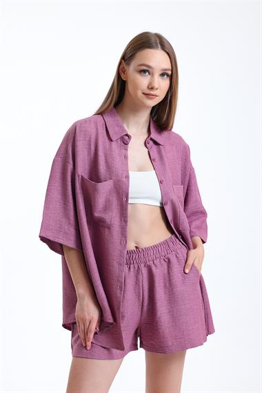 Kadın Keten Kumaş Truvakar Kol Oversize Basic Gömlek Şort Gül Kurusu İkili Takım