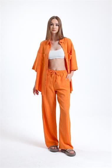 Kadın Keten Kumaş Truvakar Kol Oversize Basic Gömlek Şort Turuncu İkili Takım