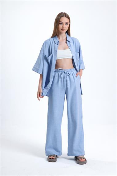 Kadın Keten Kumaş Truvakar Kol Oversize Basic Gömlek Şort Mavi İkili Takım