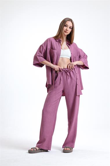 Kadın Keten Kumaş Truvakar Kol Oversize Basic Gömlek Şort Gül Kurusu İkili Takım