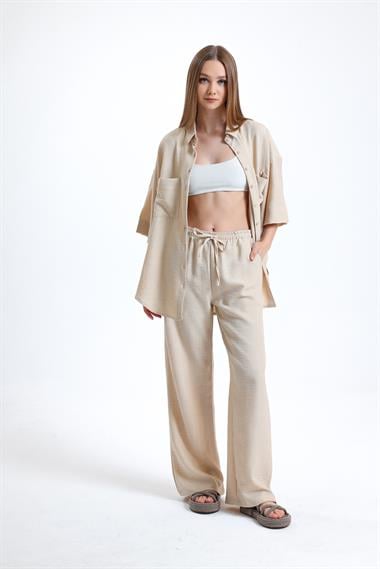 Kadın Keten Kumaş Truvakar Kol Oversize Basic Gömlek Şort Bej İkili Takım