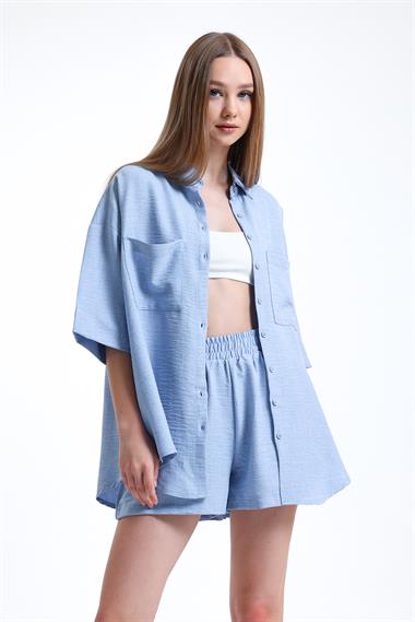 Kadın Keten Kumaş Truvakar Kol Oversize Basic Gömlek Şort Mavi İkili Takım