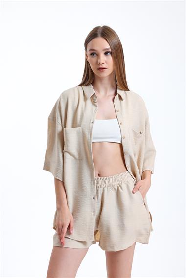 Kadın Keten Kumaş Truvakar Kol Oversize Basic Gömlek Şort Bej İkili Takım