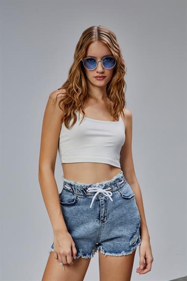 Kadın Lastikli Yüksek Bel Cepli Paçası Püsküllü Pamuklu Kot Şort 