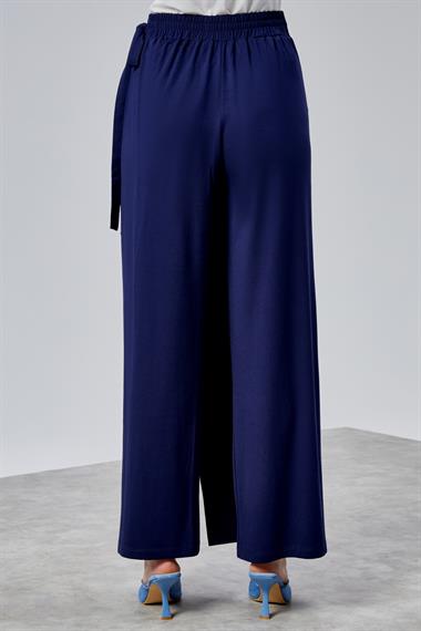 Kadın Lastikli Yüksek Belden Bağlamalı Geniş Paça Lacivert Pantolon 