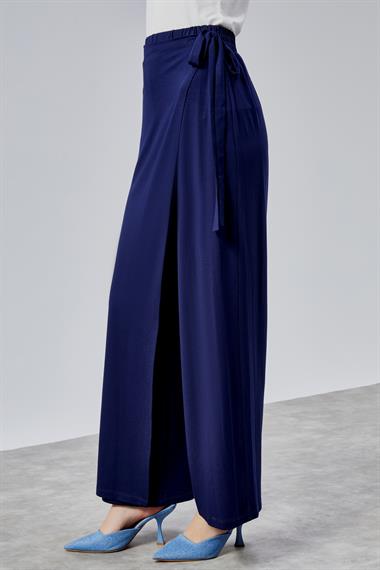 Kadın Lastikli Yüksek Belden Bağlamalı Geniş Paça Lacivert Pantolon 