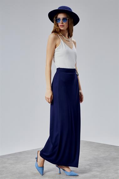 Kadın Lastikli Yüksek Belden Bağlamalı Geniş Paça Lacivert Pantolon 