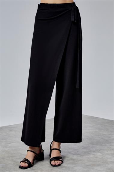 Kadın Lastikli Yüksek Belden Bağlamalı Geniş Paça Siyah Pantolon 