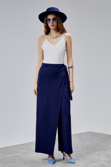 Kadın Lastikli Yüksek Belden Bağlamalı Geniş Paça Lacivert Pantolon 