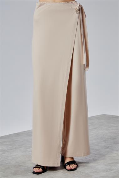 Kadın Lastikli Yüksek Belden Bağlamalı Geniş Paça Bej Pantolon 